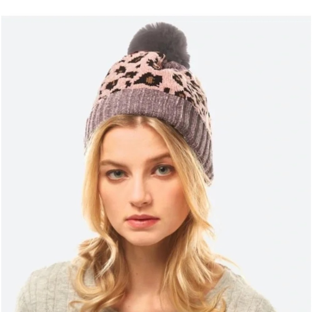 Chenille Knit Leopard Print Pom Beanie - Picture 3 of 4